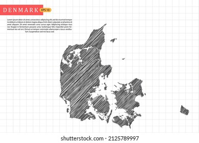 Denmark Map - World Map International vector template with black outline graphic sketch and old school style isolated on white grid background - Vector illustration eps 10