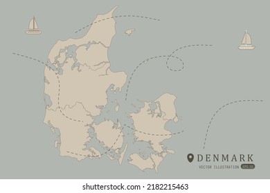Denmark Map - World Map International vector template High detailed with brown color isolated on grey background including simple point of location, wind, boat icon - Vector illustration eps 10