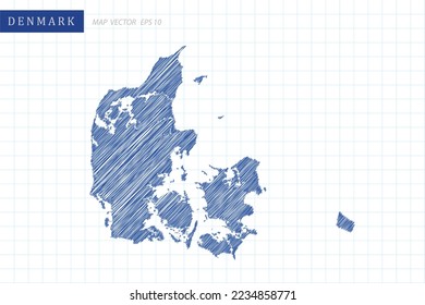 Denmark Map - World Map International vector template with blue outline graphic and pen drawing sketch style isolated on white grid background for design, website - Vector illustration eps 10