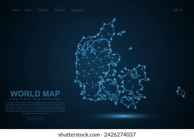 Denmark Map - World Map mash line and point scales on blue technology background. Wire Frame 3D mesh polygonal network line, design sphere, dot and structure - Vector illustration eps 10