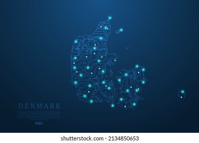 Denmark Map - World map vector template with Abstract futuristic circuit board Illustration or High-tech technology mash line and point scales on dark background - Vector illustration ep 10