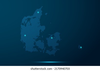 Denmark Map - World Map vector template with dots, grid, grunge, halftone style and light, network line, design sphere on blue technology background -  Vector illustration eps 10
