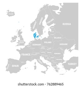 Denmark marked by blue in grey political map of Europe. Vector illustration.