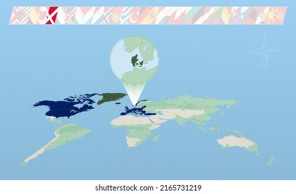 Denmark member of North Atlantic Alliance selected on perspective World Map. Flags of 30 members of alliance. Vector illustration.