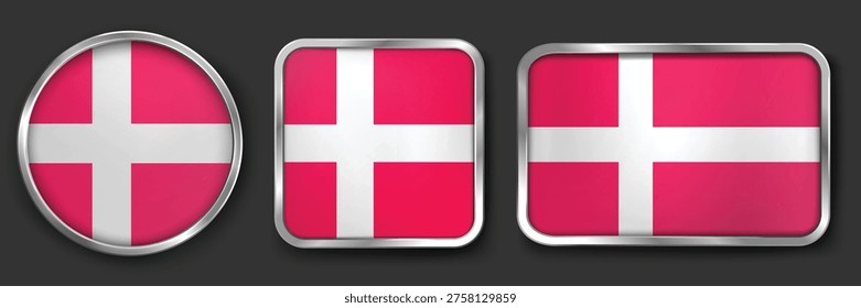 DENMARK Metallic Flag Collection, Circular, Square and Rectangular DENMARK Flag Badges Set