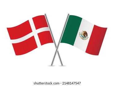 Denmark and Mexico crossed flags. Danish and Mexican flags on white background. Vector icon set. Vector illustration.