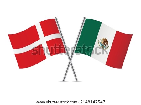 Denmark and Mexico crossed flags. Danish and Mexican flags on white background. Vector icon set. Vector illustration.