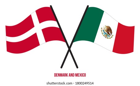 Denmark and Mexico Flags Crossed And Waving Flat Style. Official Proportion. Correct Colors.