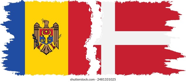 Denmark and Moldova grunge flags connection, vector