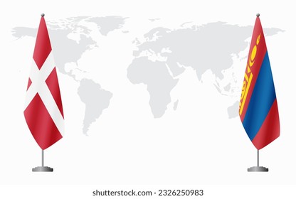 Denmark and Mongolia flags for official meeting against background of world map.