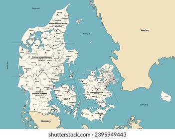 Denmark municipalities vector map with administrative centers, surrounded by neighbouring countries and territories