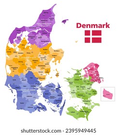 Denmark municipalities vector map colored by regions with administrative centers