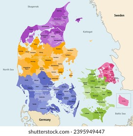 Plate-forme vectorielle commune du Danemark, colorée par régions, entourée de pays et territoires voisins