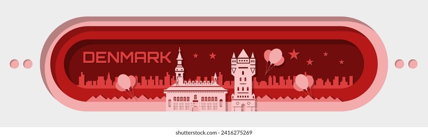 Denmark national day banner with Danish map, flag colors theme background and red white design. Copenhagen landmarks Vector Illustration, Denmark country name and flag