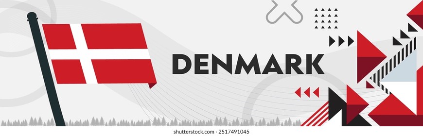 Banner nacional da Dinamarca com fundo de mapa dinamarquês e design geométrico abstrato retro moderno. Copenhaga marcos de ilustração vetorial.