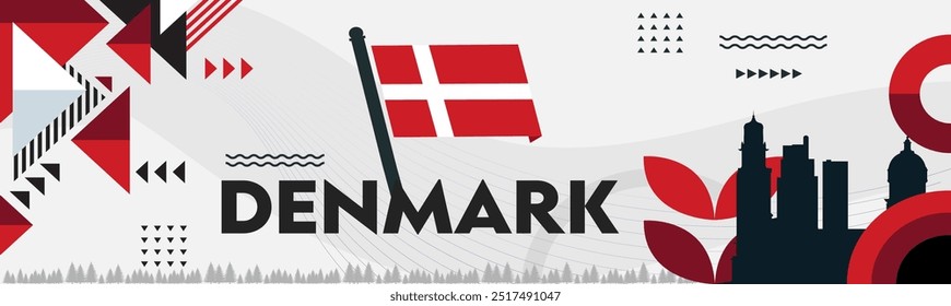 Denmark national day banner with Danish map background and geometric abstract retro modern design. Copenhagen landmarks Vector Illustration.