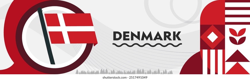 Banner nacional da Dinamarca com fundo de mapa dinamarquês e design geométrico abstrato retro moderno. Copenhaga marcos de ilustração vetorial.