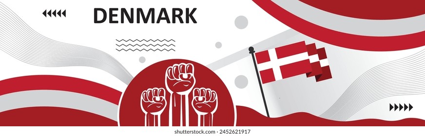 Denmark national day banner design. Danish flag Color background, creative independence day banner with raising hand. Poster, card, banner, template, for Celebrate annual..eps