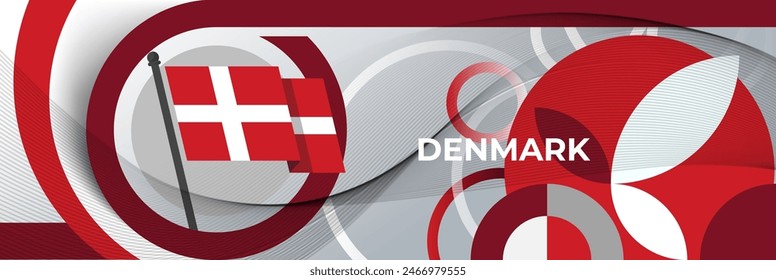 Dänemark National Day Banner Design. Dänische Flagge Thema Grafik Kreise Kunst Web Hintergrund. Abstraktes Feiermuster, rot-weiß. Dänemark Flagge geometrische abstrakte Vektorgrafik Skandinavien.