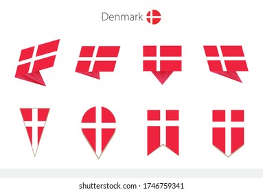 Denmark national flag collection, eight versions of Denmark vector flags. Vector illustration.