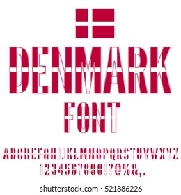 Denmark National Flag flat stylized Font. Alphabet and Numbers in Vector Set
