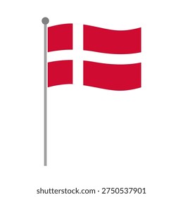 Denmark national flag waving on flagpole vector illustration with white Nordic cross isolated on white background