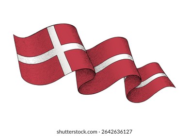 Denmark national flag waving ribbon shape with engraved vintage texture