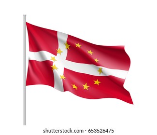 Denmark national waving flag with a circle of European Union twelve gold stars, solidarity and harmony with EU, member since 1 January 1973. Realistic vector illustration