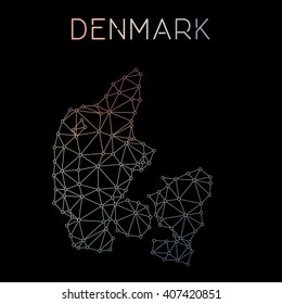 Denmark network map. Abstract polygonal Denmark network map design. Map of Denmark network connections. Vector illustration.
