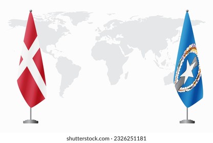 Denmark and Northern Mariana Islands flags for official meeting against background of world map.