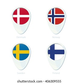 Denmark, Norway, Sweden, Finland flag location map pin icon. Denmark Flag, Norway Flag, Sweden, Flag, Finland Flag. Vector Illustration.