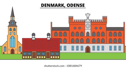 Denmark, Odense. City skyline, architecture, buildings, streets, silhouette, landscape, panorama, landmarks. Editable strokes. Flat design line vector illustration concept. Isolated icons