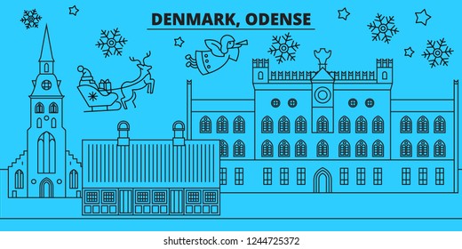 Denmark, Odense winter holidays skyline. Merry Christmas, Happy New Year decorated banner with Santa Claus.Denmark, Odense linear christmas city vector flat illustration