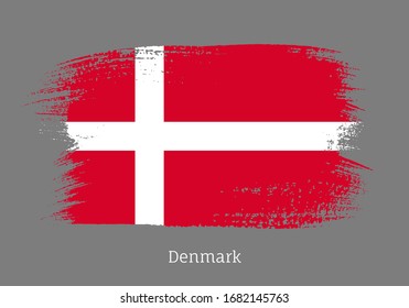 Denmark official flag in shape of paintbrush stroke. Danish national identity symbol. Grunge brush blot object isolated on white background vector illustration. Denmark country patriotic stamp.