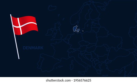 denmark en europa map vector ilustración. Mapa de alta calidad de Europa con fronteras de las regiones sobre fondo oscuro con bandera nacional.