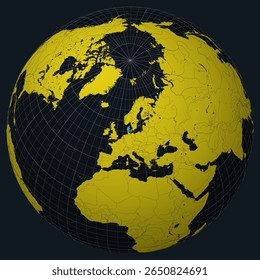 Dinamarca no Globe. Vista do país no mapa do mundo em Carvão amarelo brilhante paleta de cores. Forma de Dinamarca no mapa. Globo com meridianos, paralelos, países, rios e lagos.