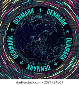 Denmark on globe. Satelite view of the world centered to Denmark. Bright neon style. Futuristic radial bricks background. Attractive vector illustration.