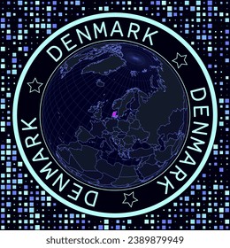 Denmark on globe vector. Futuristic satelite view of the world centered to Denmark. Geographical illustration with shape of country and squares background. Bright neon colors on dark background.