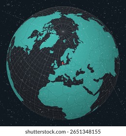 Denmark on Globe. Vintage look with grunge scratched texture. Country view on world map in Dark Charcoal Turquoise color palette. Denmark shape on map. Globe with meridians and parallels.