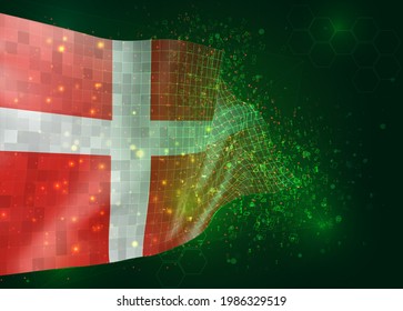 Denmark, on vector 3d flag on green background with polygons and data numbers