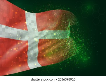 Denmark, on vector 3d flag on green background with polygons and data numbers