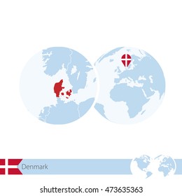 Denmark on world globe with flag and regional map of Denmark. Vector Illustration.