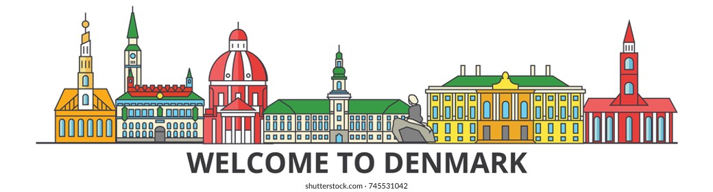 Denmark outline skyline, danish flat thin line icons, landmarks, illustrations. Denmark cityscape, danish travel city vector banner. Urban silhouette