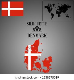 Denmark outline world map silhouette vector illustration, creative design background, national country flag, design element, symbols from countries all continents set. 