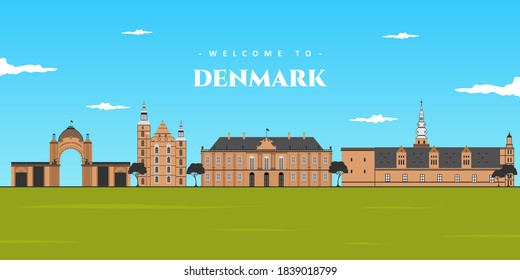 Denmark panoramic view landscape. Aerial skyline in Copenhagen, Denmark. World vacation travel Europe European collection. Illustrated collection of famous landmark in Denmark