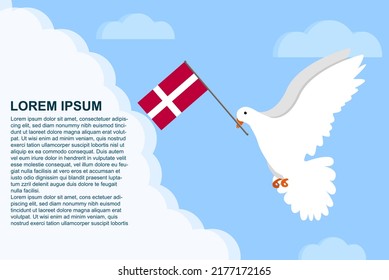 Concepto de paz de Dinamarca con área de texto, ave de la paloma de la paz con bandera de Dinamarca en su pico, paloma volando en las nubes, diseño de ilustración vectorial, plantilla del día de la paz de Dinamarca, idea de libertad