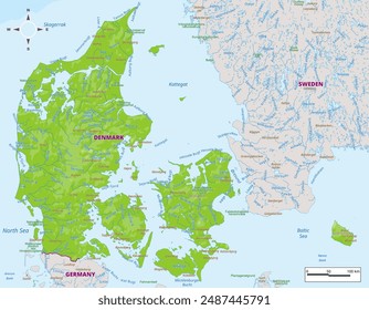 Denmark physical map with national borders, rivers and lakes, mountains, parks, labeling