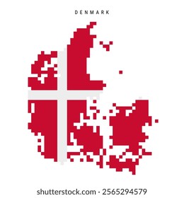 Denmark pixel flag map icon. 8 bit pixel art Danish map covered with flag. Flat vector illustration isolated on white background.