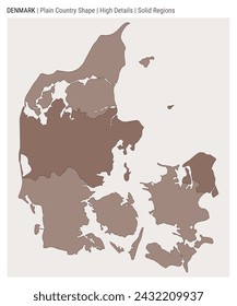 Denmark plain country map. High Details. Solid Regions style. Shape of Denmark. Vector illustration.