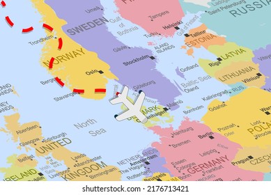 Denmark with plane and dashed line on europe map, close up Denmark, vacation and road trip concept, pinned destination, travel idea, colorful map with location icon, top view